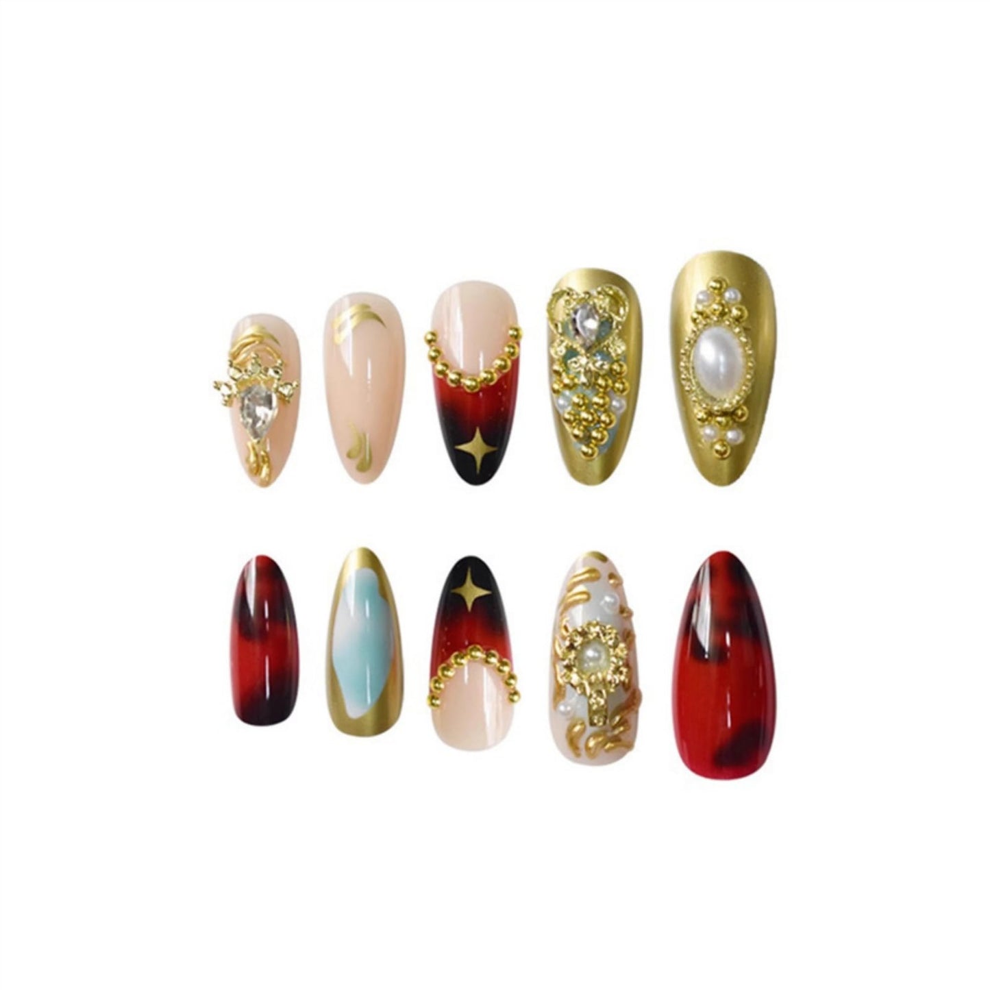 SEENEEY Almond Press on Nails Medium Fake Nails Gold Artificial Nail with Rhinestones and Gold Charm Designs French Tip Sparkly Stick on Nail for Women 24pcs