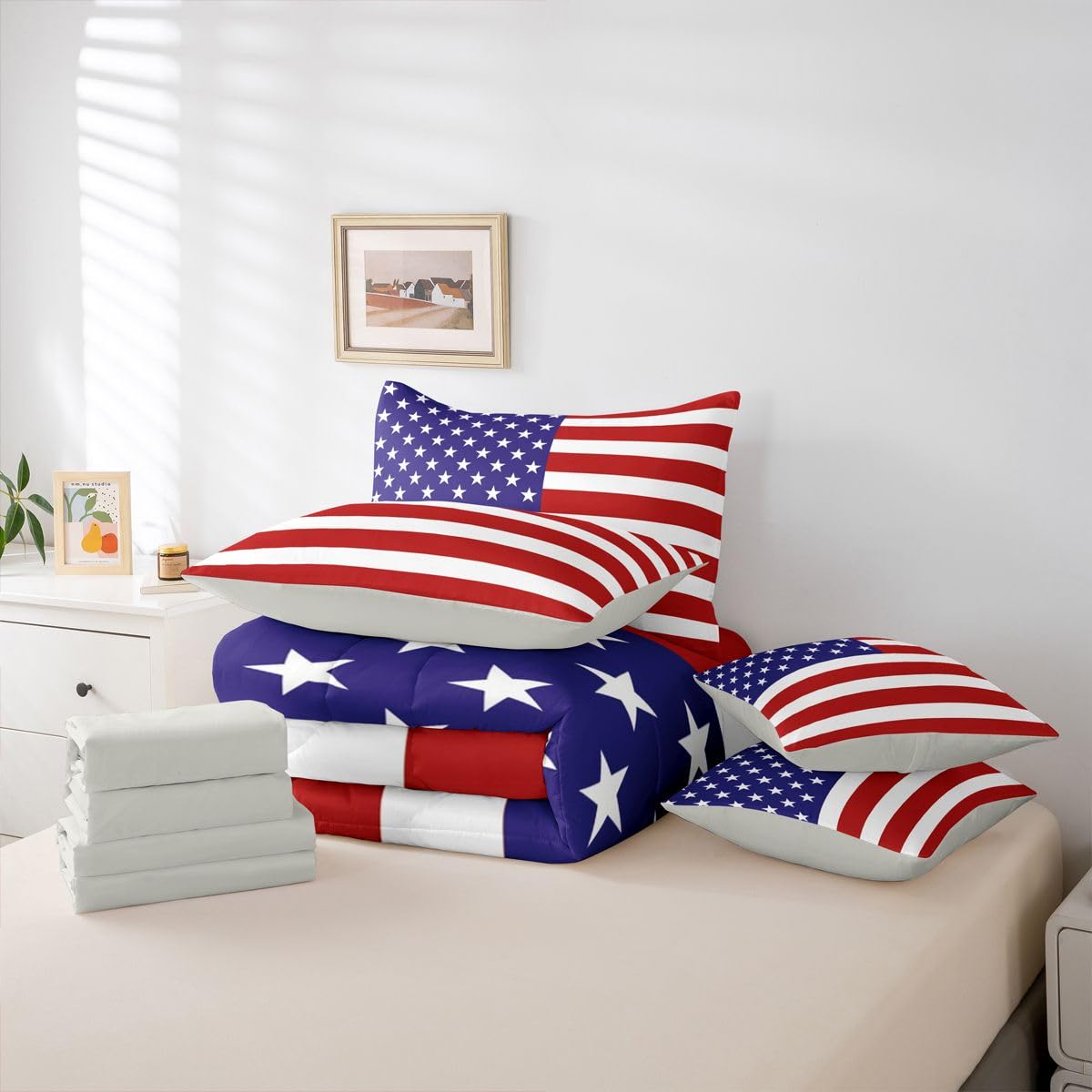 Feelyou American Flag Comforter Set with Sheets 7 Piece King Size World Countries Bed in a Bag Kids Boys Girls International Flag Bedding Set Bedroom Decor Breathable Soft Lightweight Microfiber