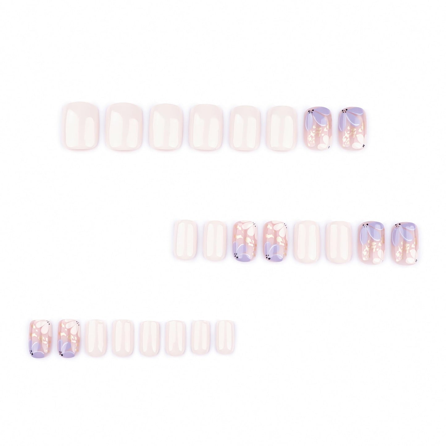 Mivota Short Square Press On Nails, Beige Fake Nails with Blossom Floral and Gold Foil Design, Glossy Reusable Acrylic Nails Kit for Women, Natural Look, 24Pcs Glue-On Set