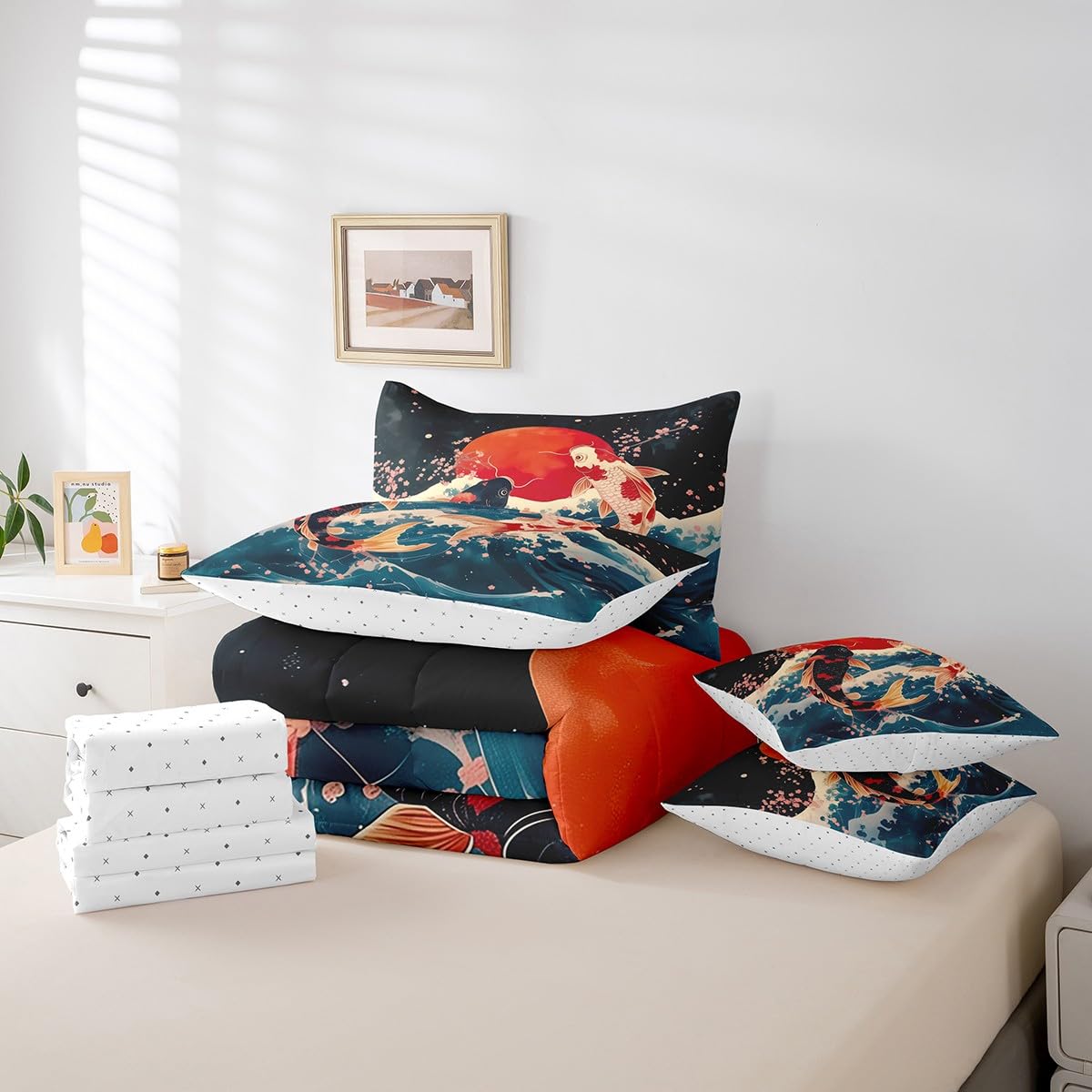 Erosebridal Japanese Koi Fish Queen Bedding Set,Blue Ocean Waves Comforter Set 7 Piece,Pink Cherry Blossom Bed Set for Kids Adults,Oriental Floral Bed in a Bag with Fitted+Flat Sheet,Pillowcases