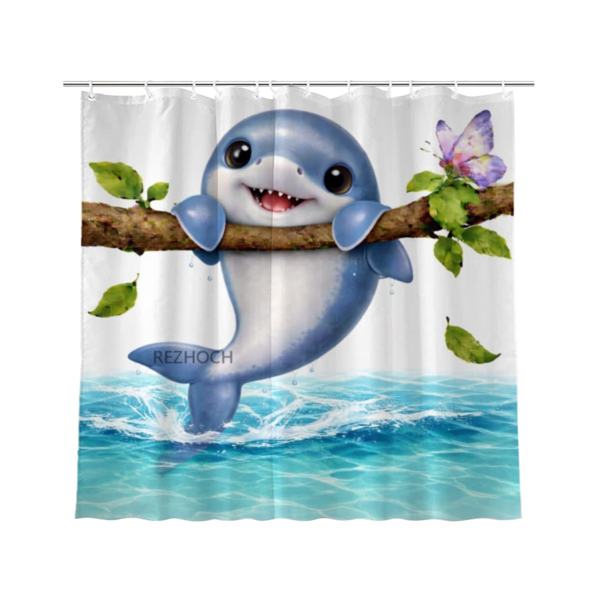 REZHOCH Cute Dolphin Shower Curtain Adorable Animal Hanging on Tree Branch Funny Cartoon Butterfly Bath Curtain Waterproof Fabric Home Bathroom Decor 72x72Inch with 12 Hooks