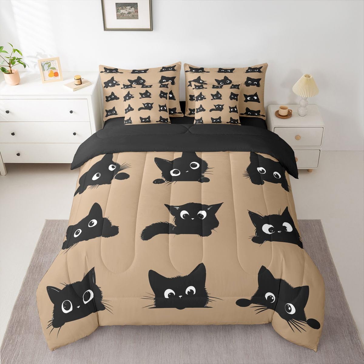 Erosebridal Cute Black Cats 7-Piece Bedding Set Full Size for Kids Boys Girls (Black and Khaki) - Funny Cats Bed in a Bag Cartoon Kitten Animal Comforter Set with Sheets Cute Cat Duvet Insert