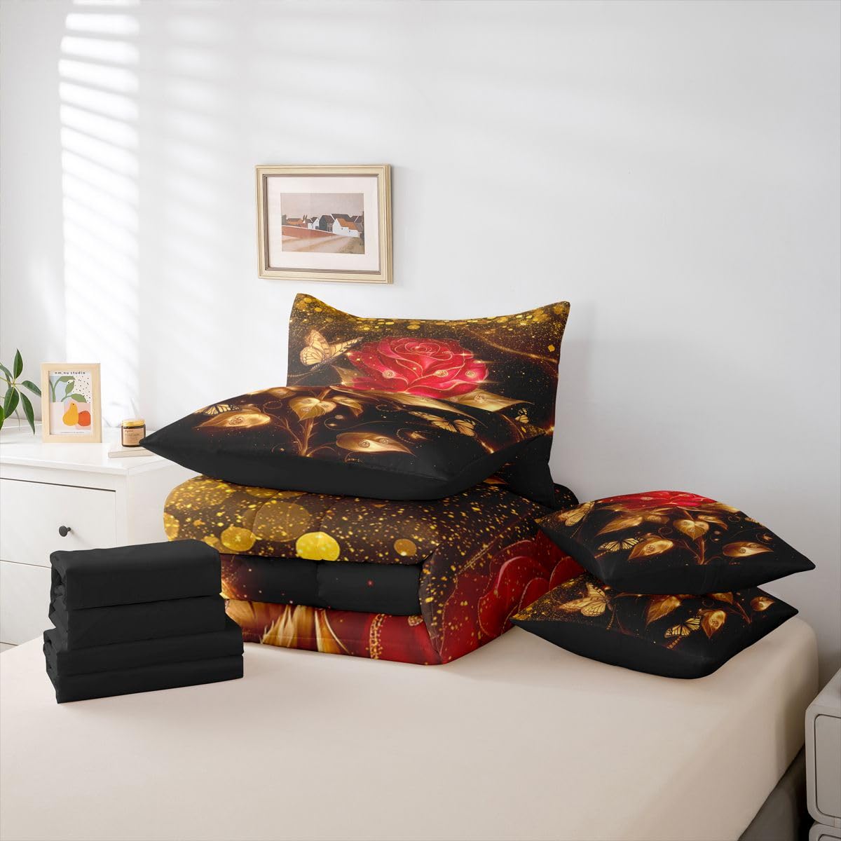 Erosebridal Red Gold Rose Queen Bedding Set 7 Piece Romantic Glitter Butterfly Roses Bed in A Bag with Sheets Valentine Day Gift Comforter Set for Women Men Adults,Golden Floral Flowers Bed Sets