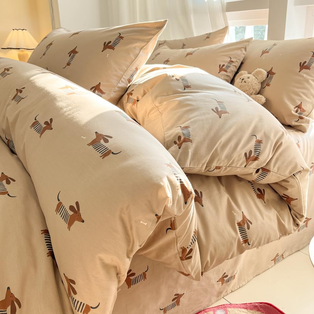 LIWHENHAO Dachshund Duvet Cover Set Twin 100% Cotton Bedding Cartoon Red Cute Dog Puppy on Brown 1 Kawaii Animal Pet Comforter Cover Zipper Closure 2 Pillowcases for Kids Girls Boys