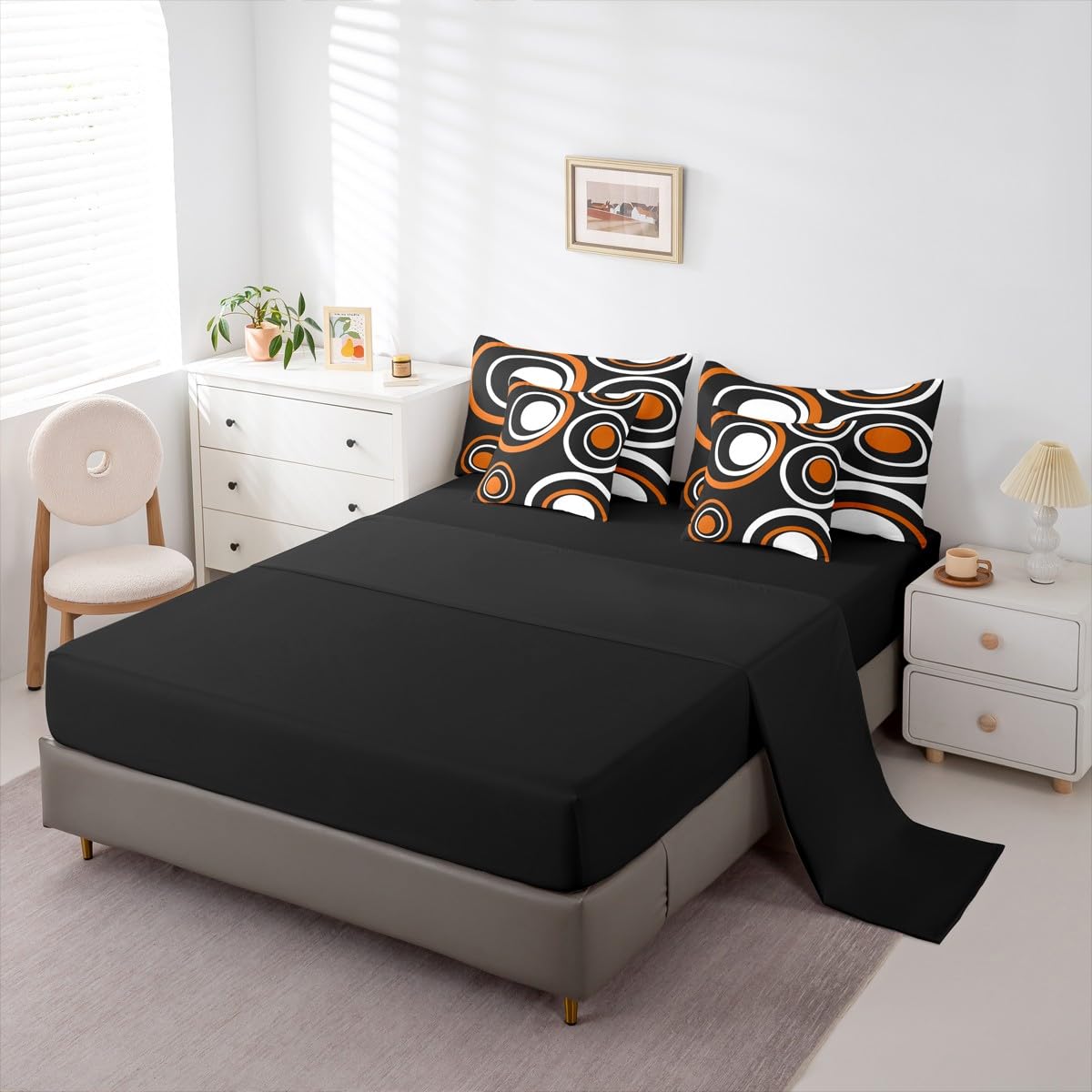 Erosebridal Orange Black Abstract 7-Piece Bedding Set Full Modern Striped Circles Bed in a Bag for Adult Women Men Boho Geometric Art Aesthetic Comforter Set Black White Abstract Duvet Insert