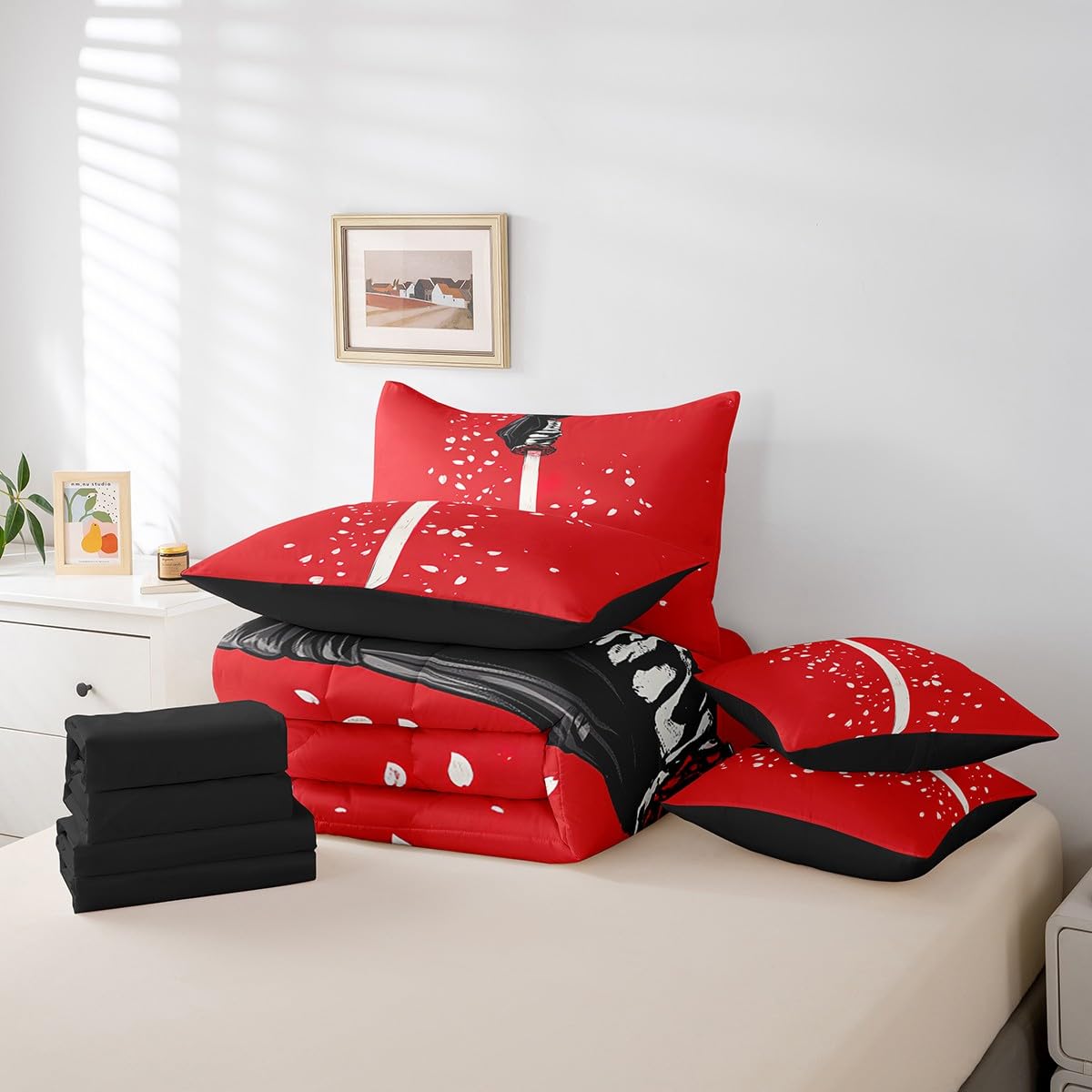 Erosebridal Cherry Blossom Petals Comforter Set Twin,Samurai Sword Bedding Set 7Pcs for Kids Boys Men,Red White Flower Floral Bed in a Bag