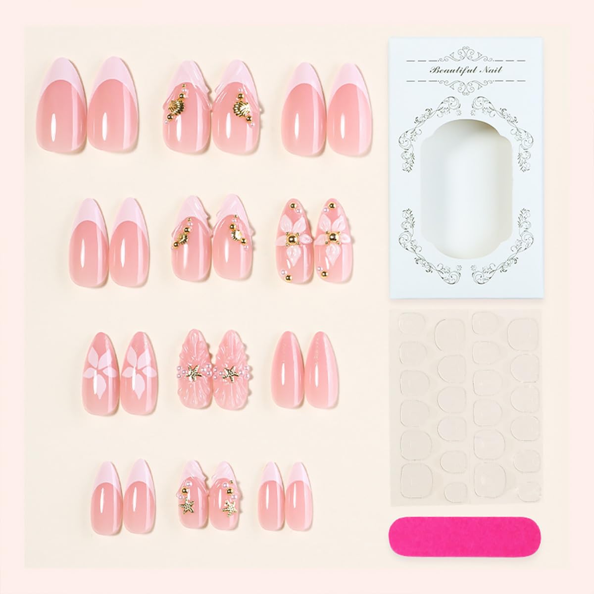 24Pcs Flower Press on Nails Medium Almond Fake Nails White French Tip with Gold Shell Star Rhinestones Design Nude Full Cover Artificial Stick on Nails Spring Glue on Nails for Women Acrylic Set
