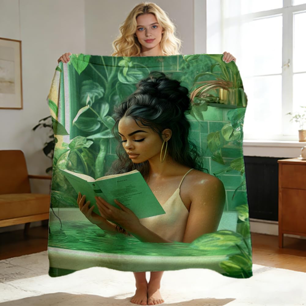 ZHOUSHUTONG Black Girl Reading Book in Bathtub Flannel Throw Blanket, Cozy Warm African American Women Blankets, Lightweight Fuzzy Soft Green Botanical Flannel Blanket for Couch Bed Sofa 49"x59"