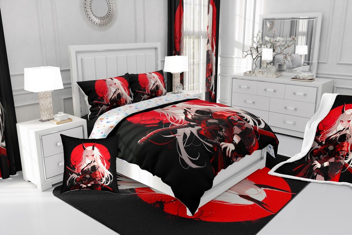 Erosebridal Full Japanese Anime Comforter Cover for Kids, Anime Girl Duvet Cover Kawaii Japanese Style Bedding Set Cartoon Japan Animation Bed Set for Boys Teen Adult Women Bedroom,Red Black