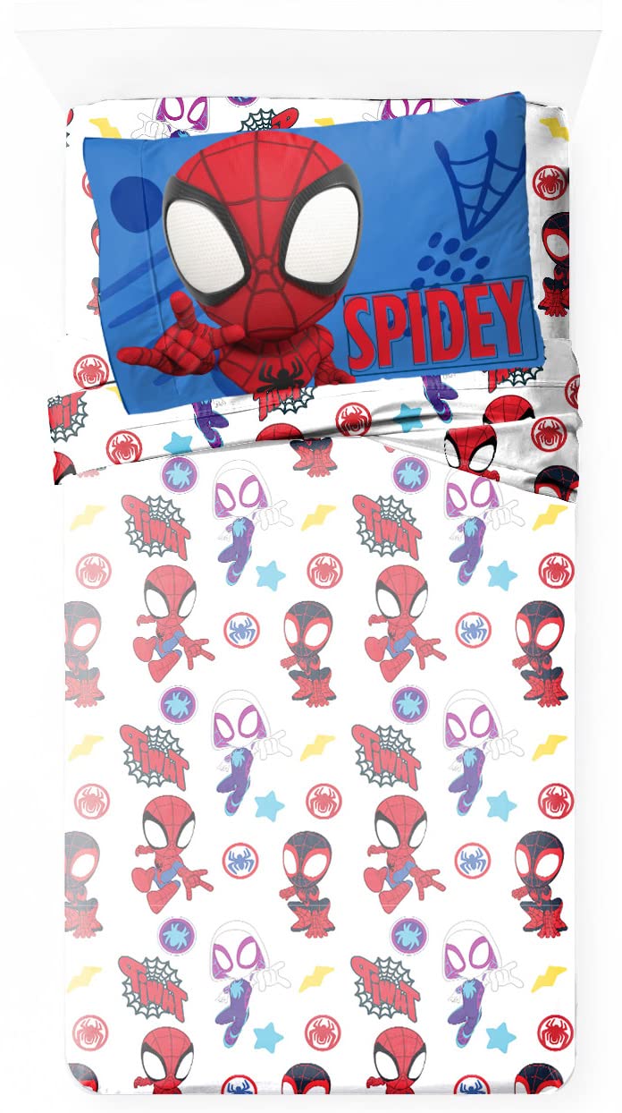 Jay Franco Kids Sheet Set with Fitted, Flat Sheets & Pillow Cover - Ultra-Soft Bedding with Pillowcase for Room Decor, White - Spidey & Friends, 4 Piece Full