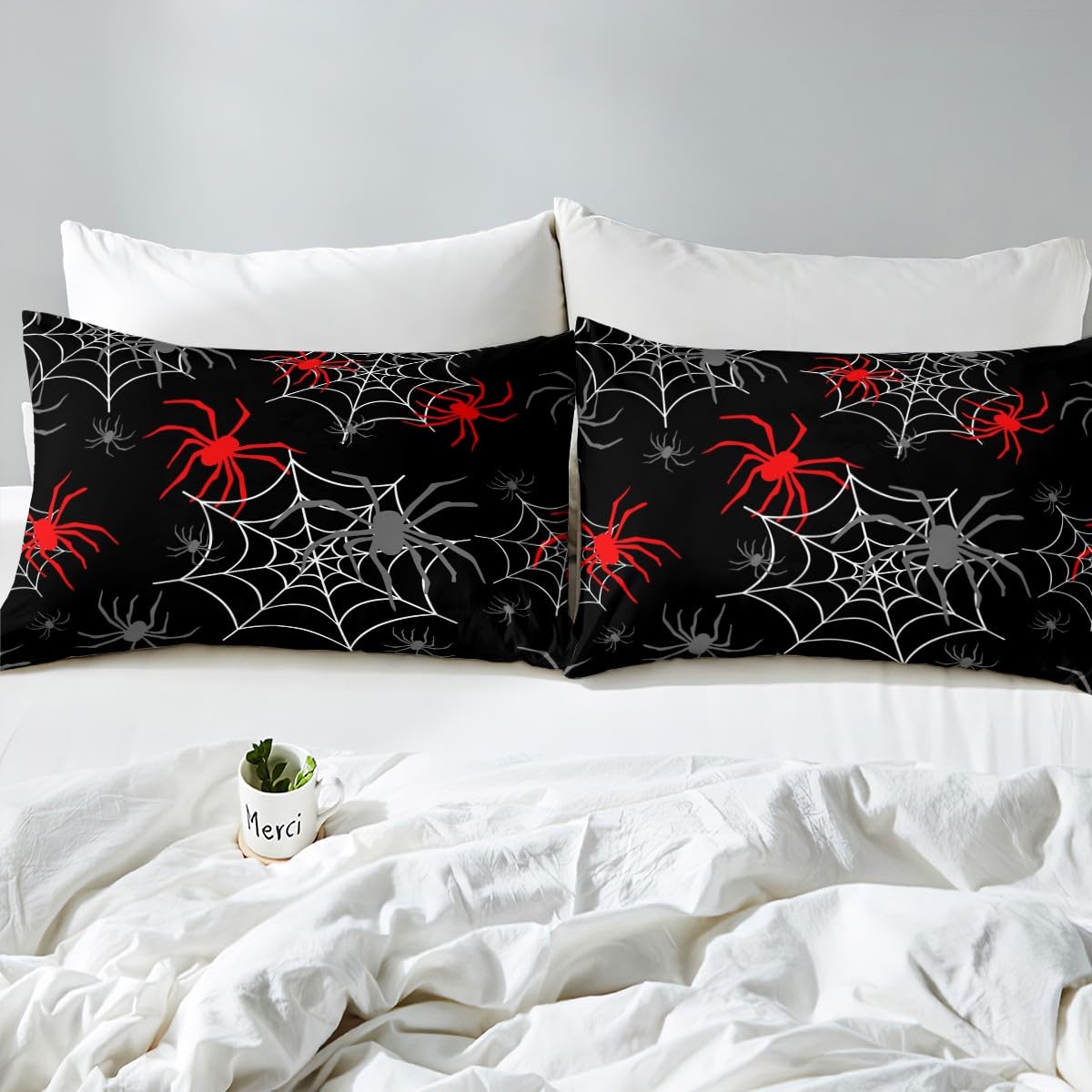 Red Black White Cobweb Fitted Sheet Full Size, Scary Halloween Decorations Bed Sheet Set Scary Spider Bedding Set Kids Toddler Red Black Gray Animal Bed Cover (2 Pillow Cases and a Fitted Sheet)