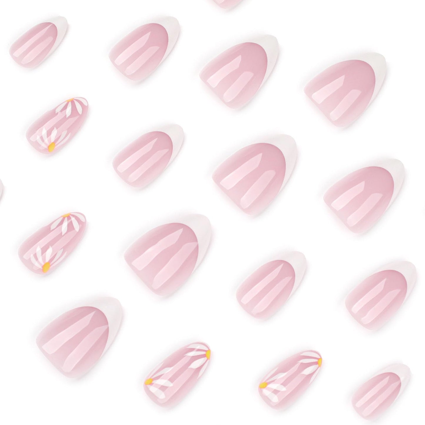 French Tip Press on Nails Short Almond Fake Nails White Stick on Nail with Simple Flower Design Glossy Glue on Nail Women Summer Manicure 24Pcs