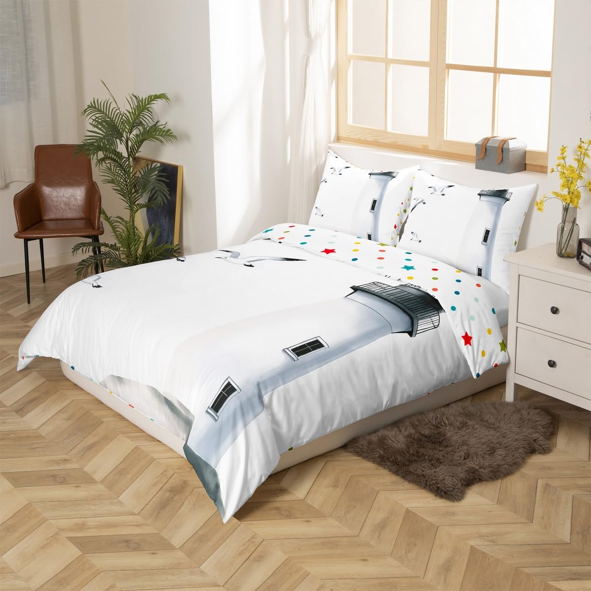 Erosebridal Lighthouse Bedding Set Full Size Nautical Duvet Cover Seagull Comforter Cover Sea Landscape Print Quilt Cover Bedroom Decorative for Kids Boys Girls Teens Adult