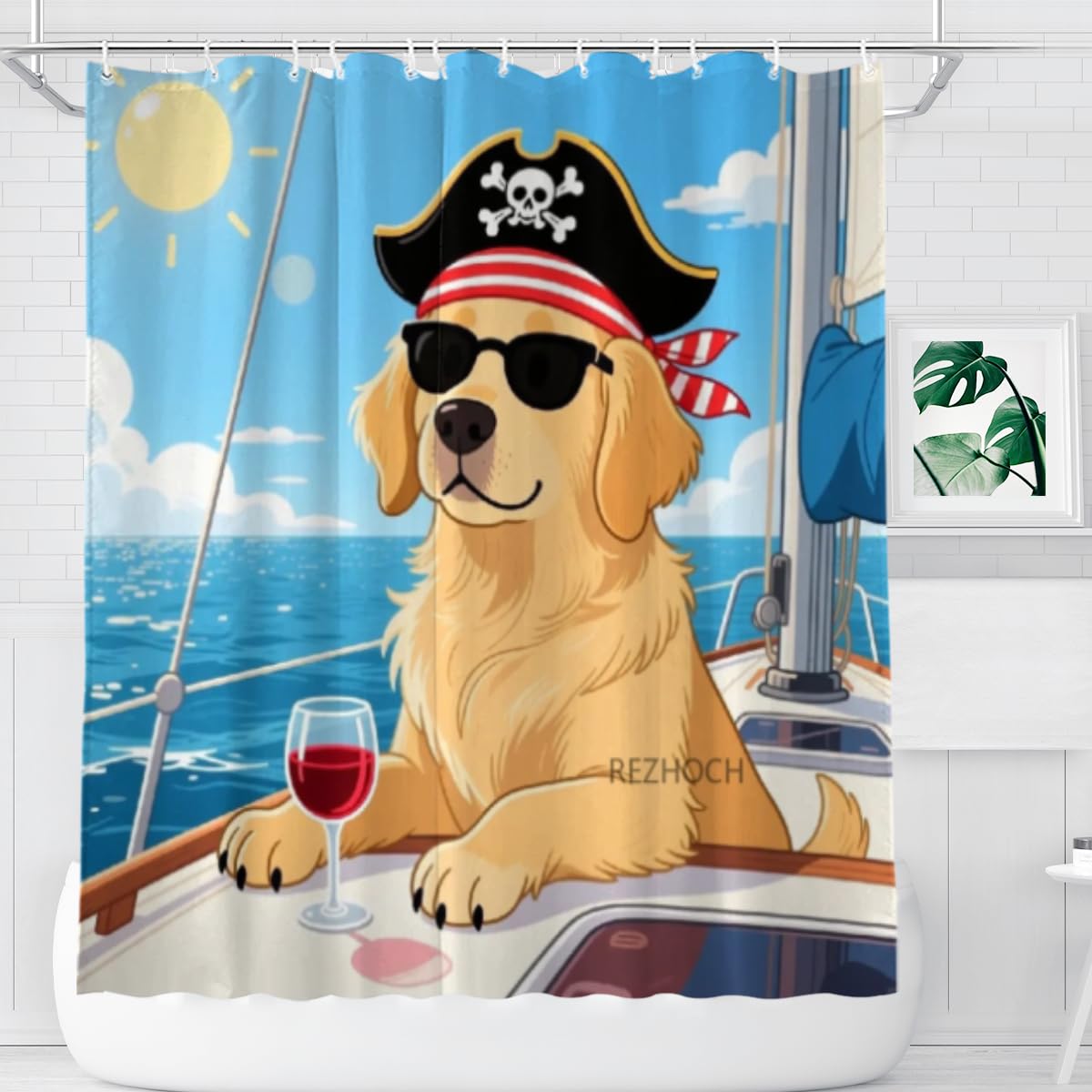 REZHOCH Funny Shower Curtain Cool Golden Retriever Wear Pirate Headscarf in Sunglasses Relaxing on Yacht Beach Bathroom Decor,Vacation Pet Art,Waterproof Fabric Curtain,72x72,12 Hooks
