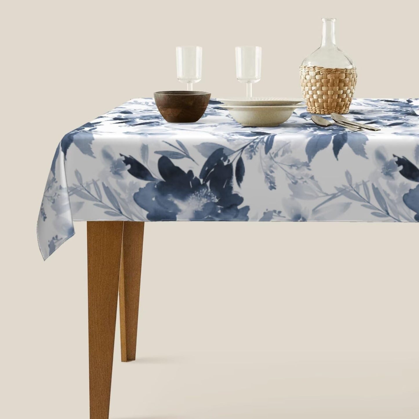Sunshineyan Navy Blue Floral Tablecloth 60 x 104 Inch Rectangle, Dark Blue and White Flower Tablecloths Tablecloths Polyester Spring Table Cloth for Holiday Parties Kitchen Dining Indoor Outdoor