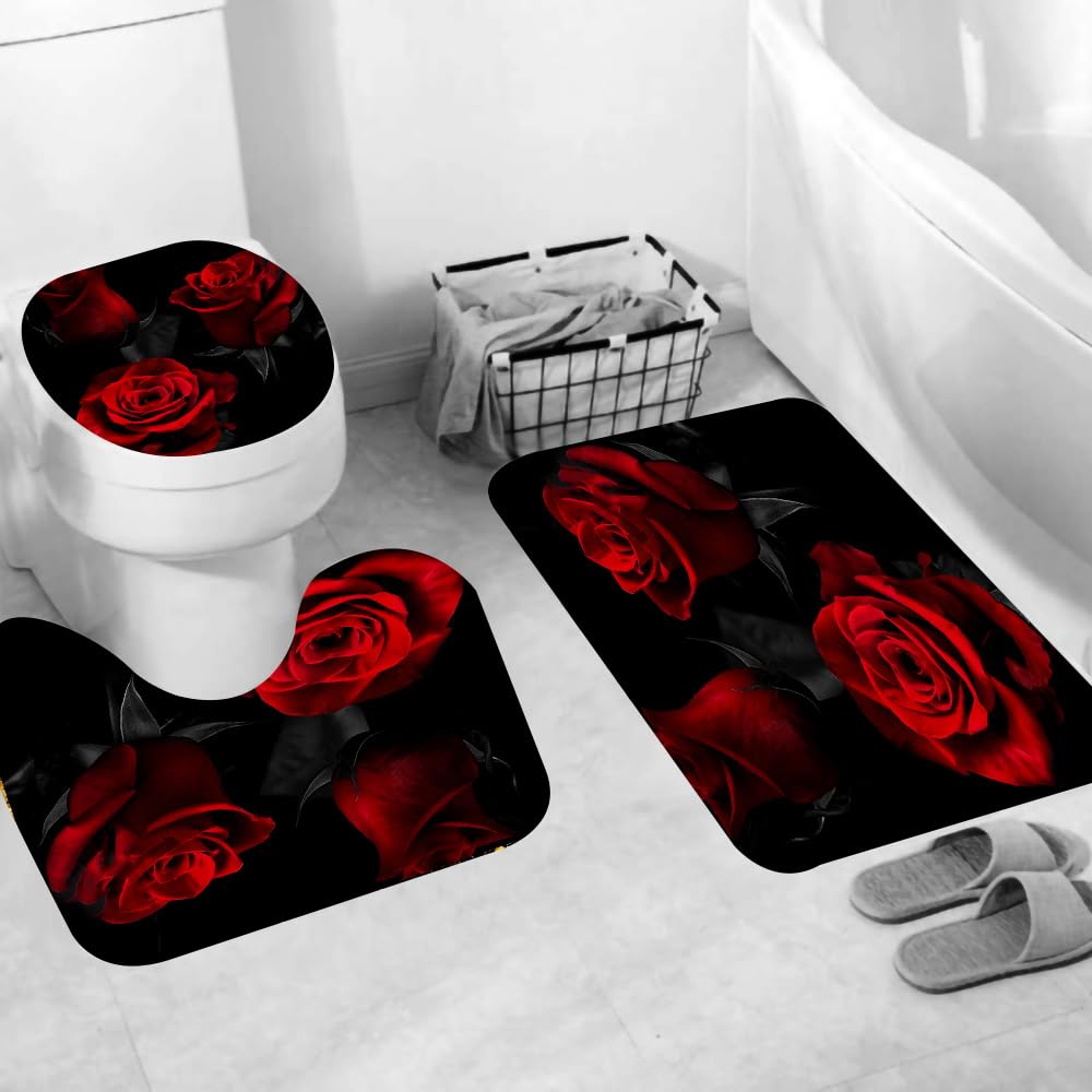 RinRinfam 4 Pcs Rose Shower Curtain Set, Flower Romantic Rose Curtain with Non-Slip Rug,Toilet Lid Cover,U Shape Mat,Waterproof Shower Curtains with 12 Hooks Bathroom Decor, Red Black 72"×72"