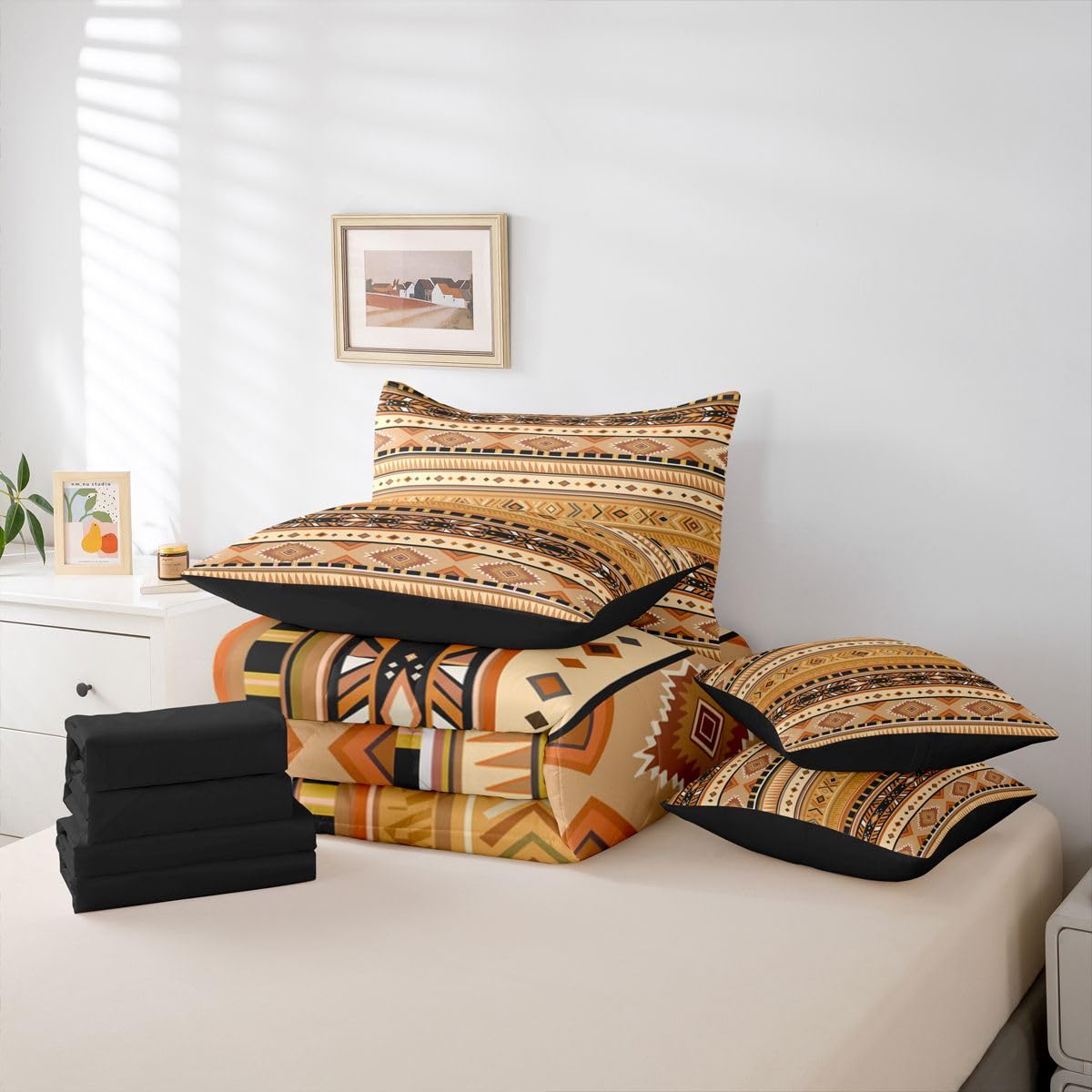 Erosebridal White Brown Aztec Southwestern Full Comforter Set 7 Pieces | Cowboy Farmhouse Bed in A Bag for Bedroom Tribal Bohemian Bedding Set with Comforters Cowgirl Adults Room Decor