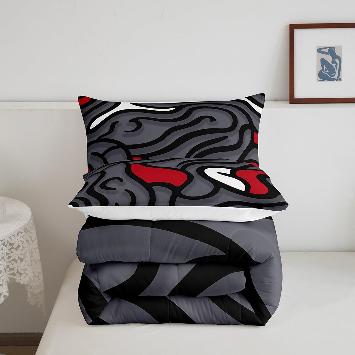 Feelyou Black Red Swirl Comforter Set Kids Abstract Comforter for Women Men Gray Trippy Geometric Bedding Set Breathable Quilted Room Decor Duvet Set Queen Size