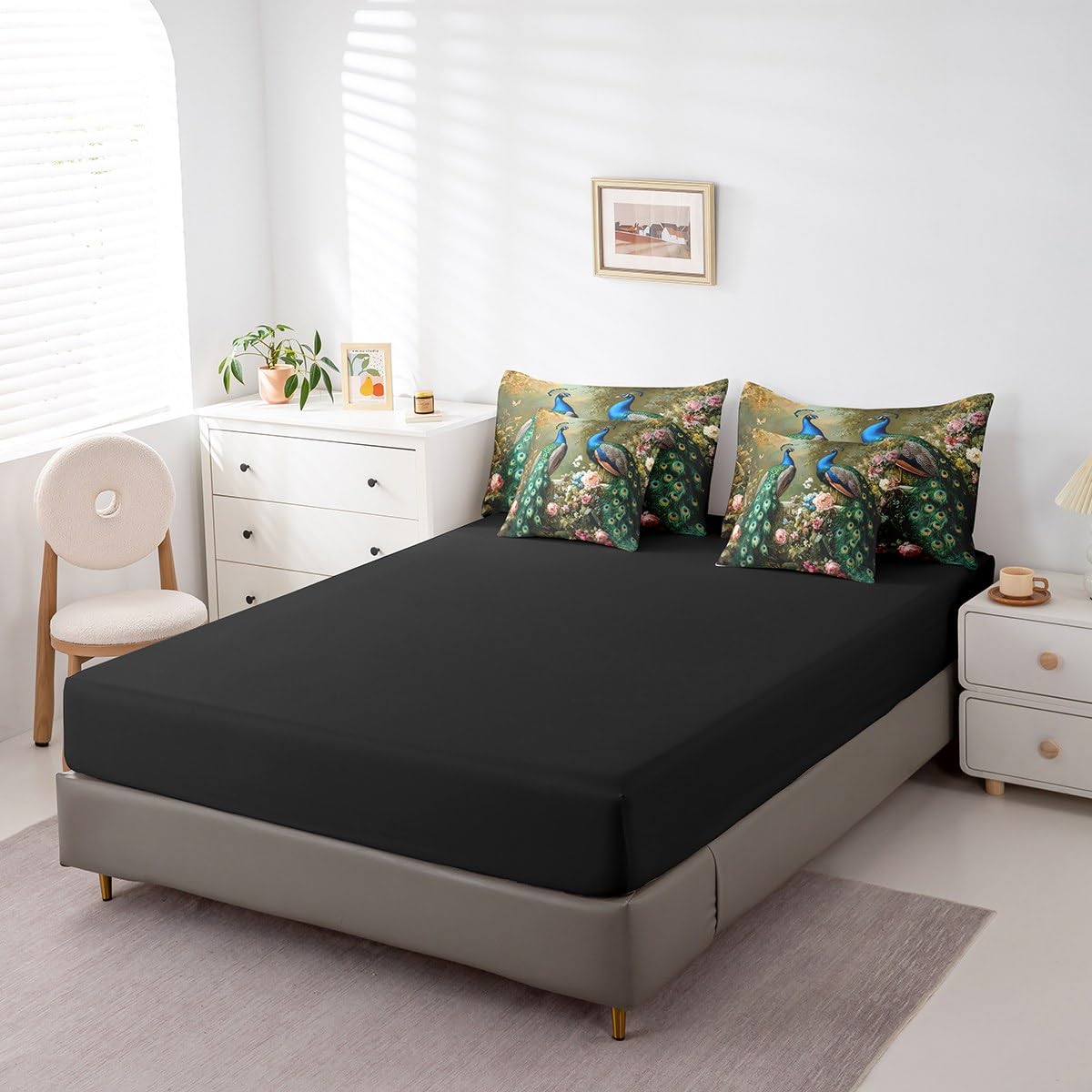 Erosebridal Peacock Comforter Set King Size,Elegant Birds Bedding Set for Kids Teens,Oil Painting Floral (Comforter+Fitted+Flat Sheet+2 Pillowcases+2 Throw Pillow Covers) 7 Pieces Bed Set