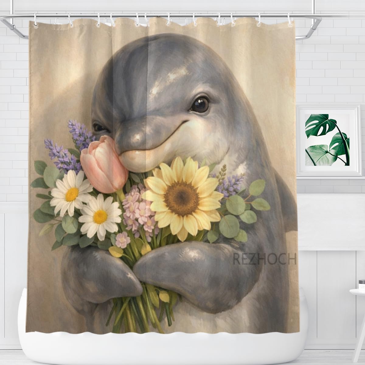 REZHOCH Funny Dolphin Shower Curtain 72x72 Inch Cute Animal Holding Flowers Home Bathroom Decor Floral Modern Art Minimalist Style Kids Waterproof Fabric Bath Set with Hooks