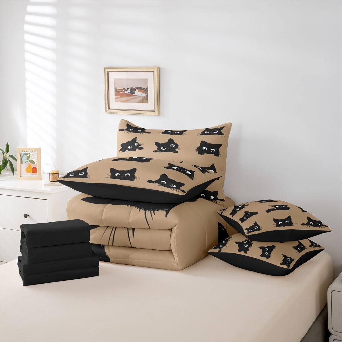Erosebridal Cute Black Cats 7-Piece Bedding Set Full Size for Kids Boys Girls (Black and Khaki) - Funny Cats Bed in a Bag Cartoon Kitten Animal Comforter Set with Sheets Cute Cat Duvet Insert