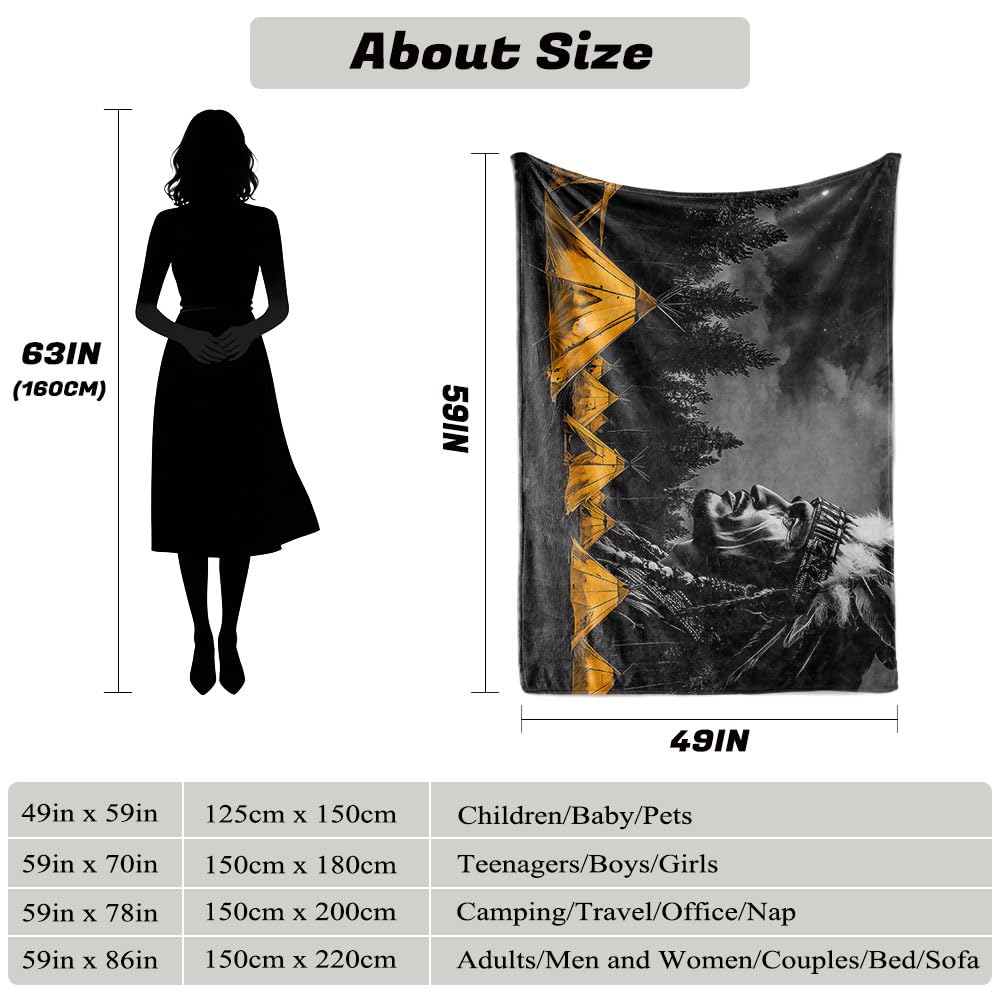 HUNXIAOJ Native American Blanket Indian Throw Blanket Indian Chiefs and Camp Print Native American Bedding Warm Soft Flannel for Bed Sofa Couch (49in x 59in)