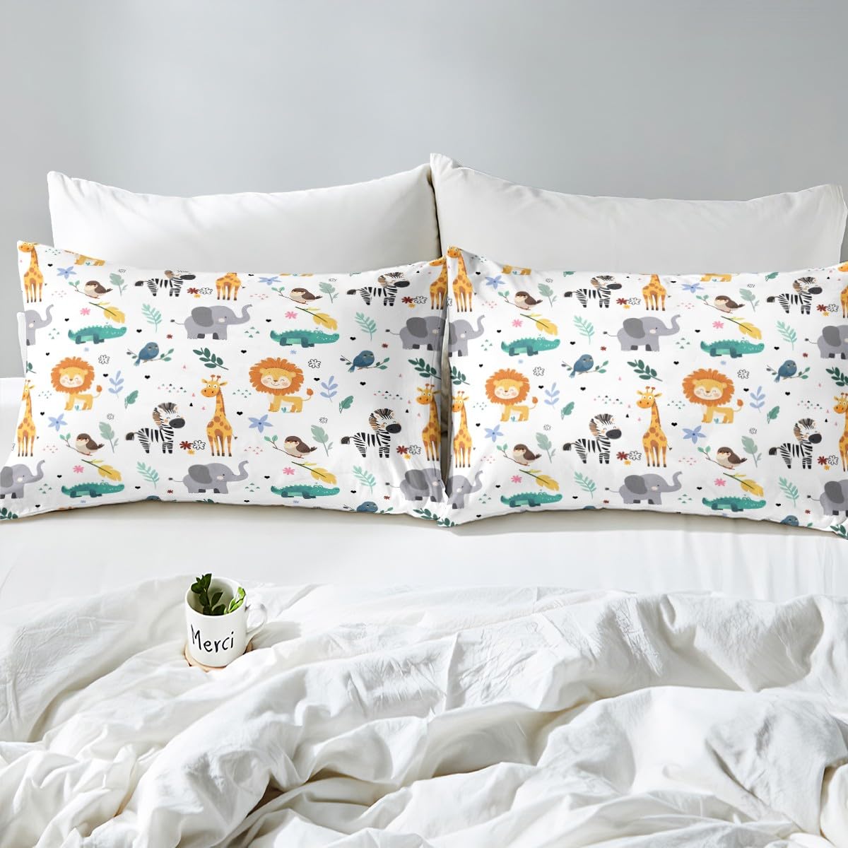 Erosebridal Full Size Zoo Animal Comforter Set, Giraffe Lion Elephant Bedding Set, Cute Wild Animals Down Comforter for Kids Teens Boys Girls Bedroom, Cartoon Safari Wildlife Quilt,Lightweight