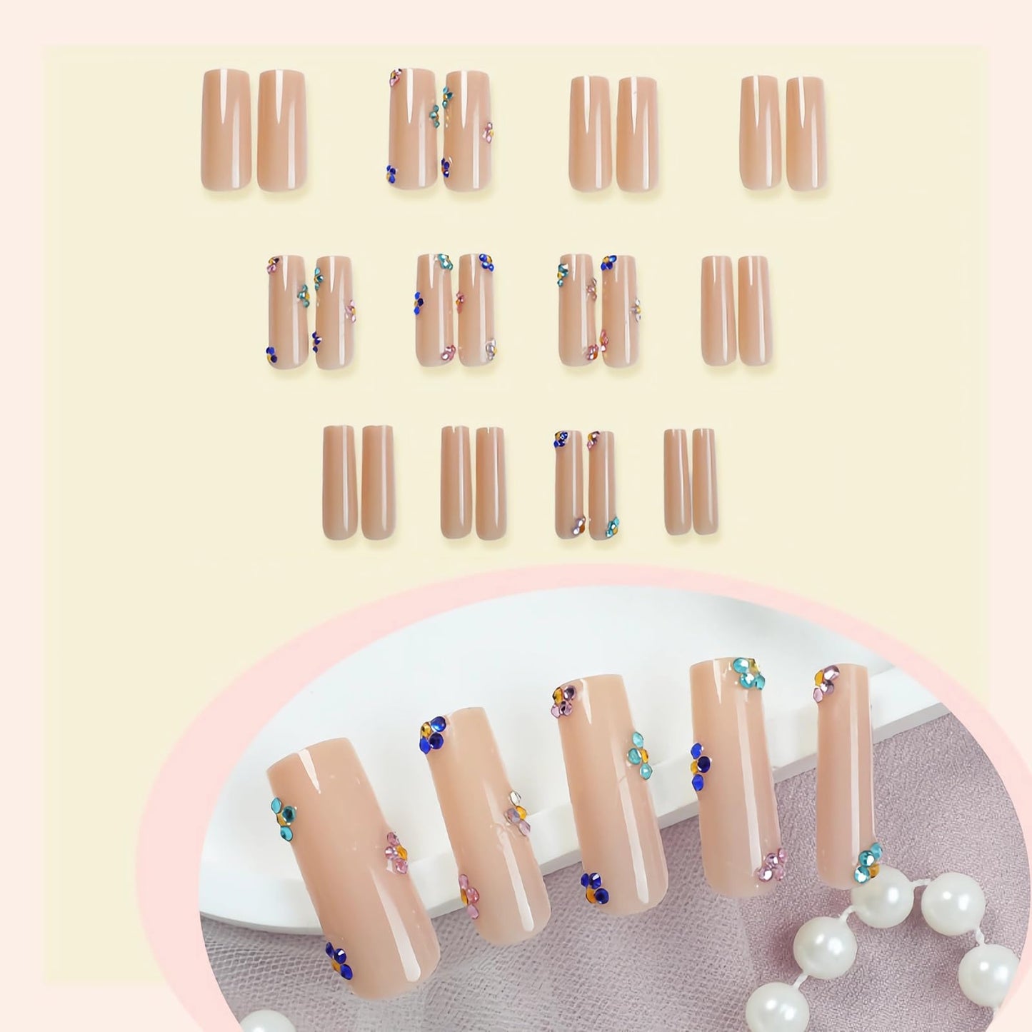MISUD Press on Nails - Long Square Fake Nails with Nude, Acrylic Rhinestone Design 24 pcs
