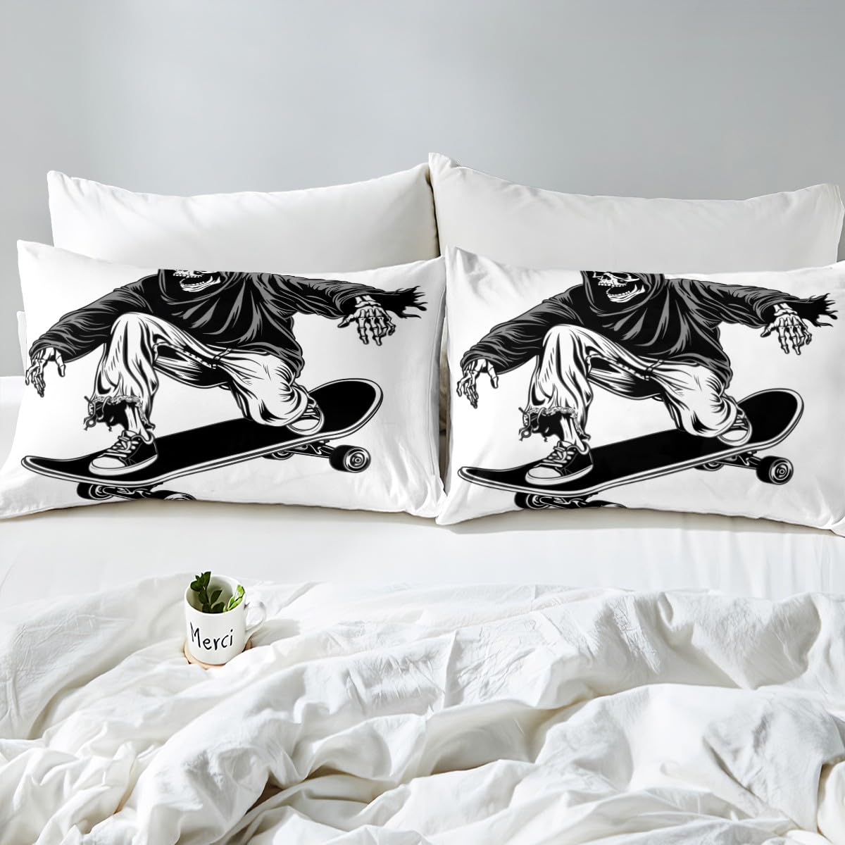 Feelyou Cool Sugar Skull Bedding Set Queen Size Kids Skateboard Comforter Cover Set for Boys Girls Teens Hip Hop Street Culture Duvet Cover White Halloween Theme Bedspread Cover（No Comforter