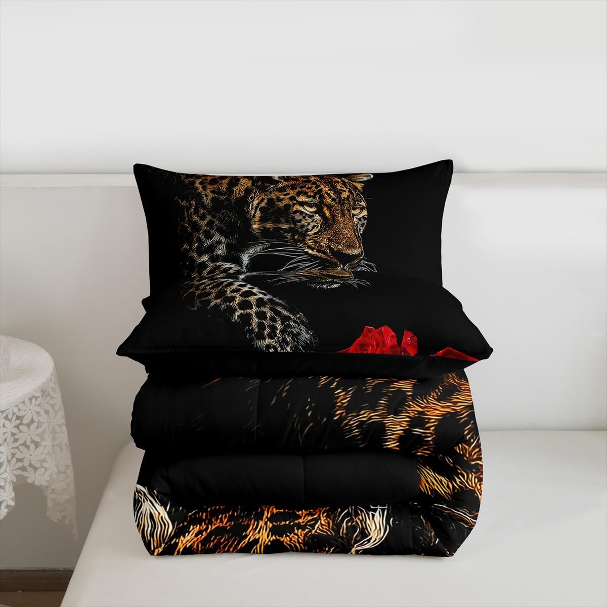 Erosebridal Leopard Comforter Set Queen Size,Red Rose Cheetah Bedding Set,Cat Leopard Print Down Comforter, Romantic Floral Quilted Duvet, Safari Animal Quilt Set, Stylish Bedroom Decor, Black