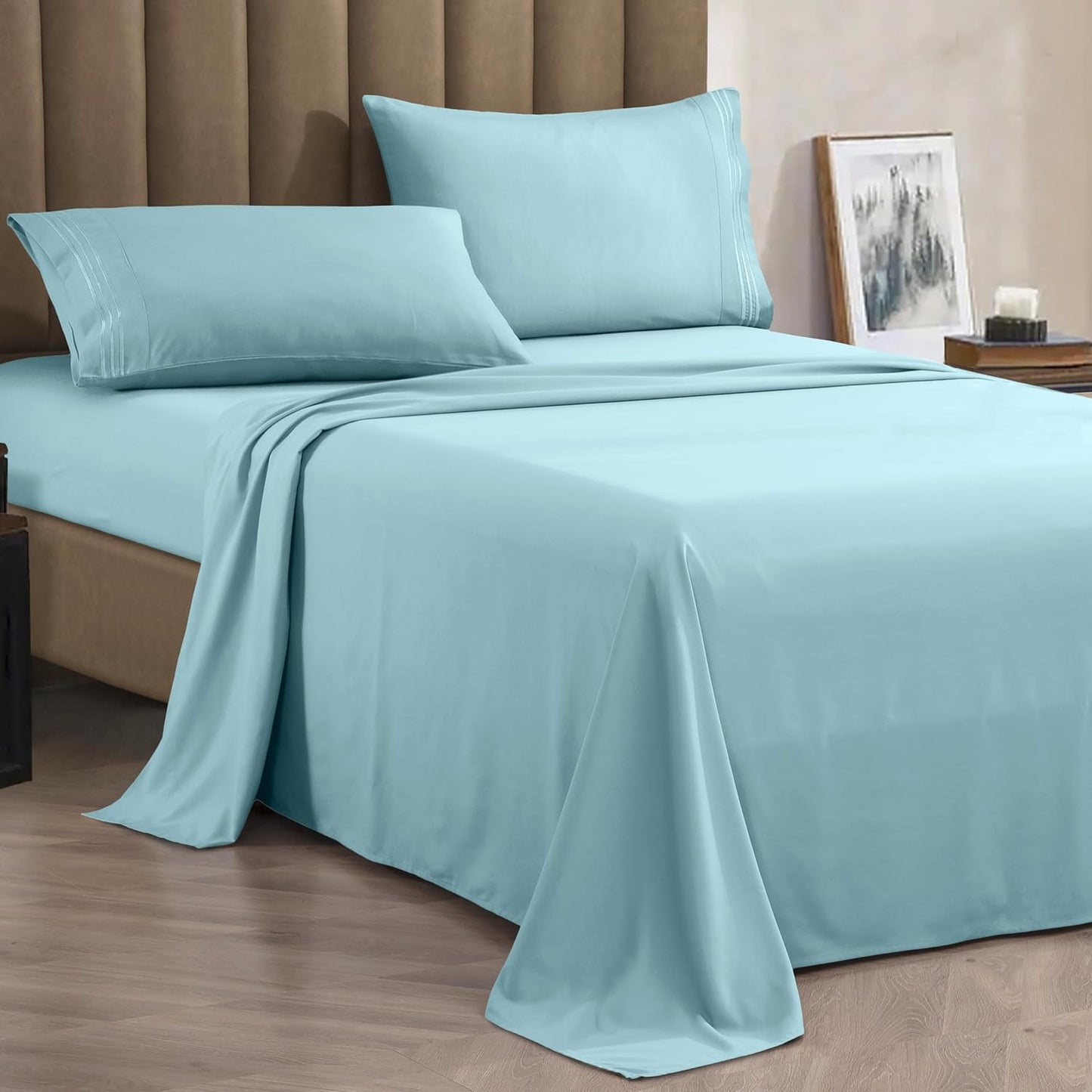 CELINE LINEN Premium 1800 Hotel Quality Wrinkle-Resistant 4-Piece Microfiber Sheet Set - Luxury Ultra Soft and Breathable Bedding 16 Inch Deep Pocket 4PC Sheet Set, King, Aqua