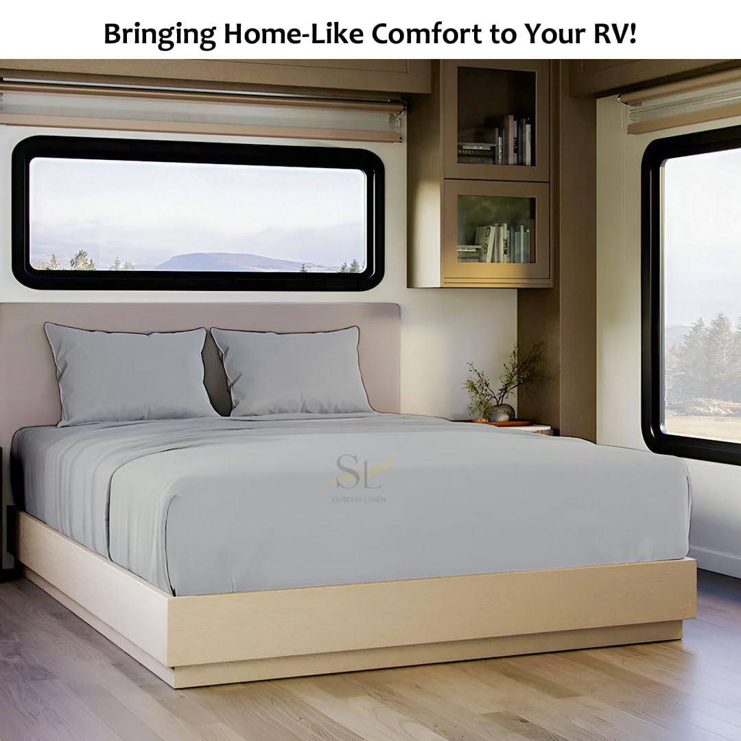 Shreem Linen Microfiber RV Sheet Sets, 48x75 3/4 Full Bunk, Light Grey Solid - Fits Mattresses up to 8 Inches Deep, 4 Piece RV Bed Sheets for Campers, Motorhomes, and Travel Trailers