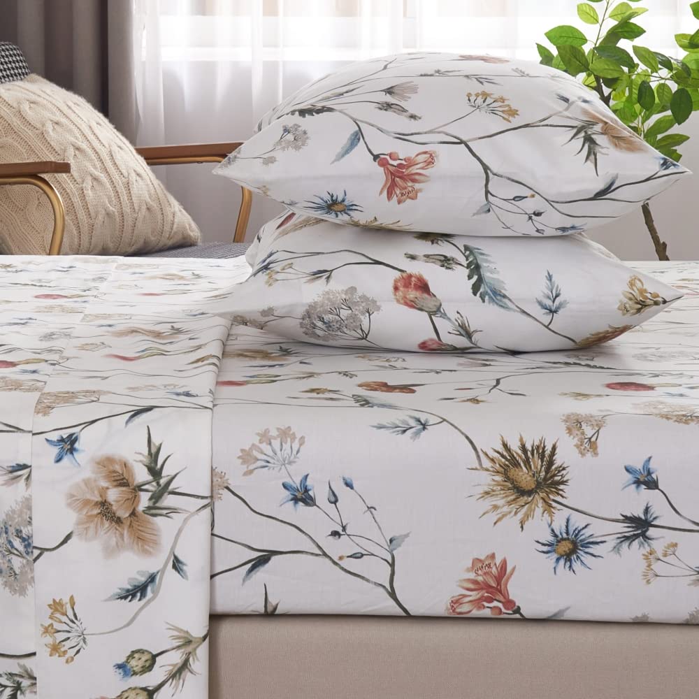 DAUAOTO 100% Cotton Sheets Set Twin Size Printed Bedding Sets, Up to 14" Deep Mattress, Foral Botanical Pattern Bedlinen Set