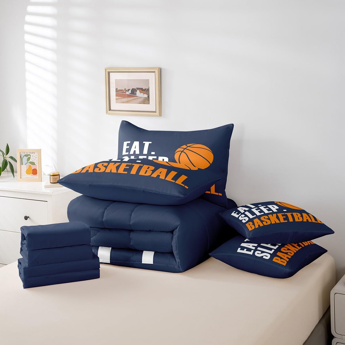 Feelyou Basketball Comforter Set 7 Piece 3D Ball Sports Bedding Twin Comforter Set for Boys Girls Women Men Blue Eat Sleep Basketball Bedding Set Ball Games Room Decor Bed in a Bag