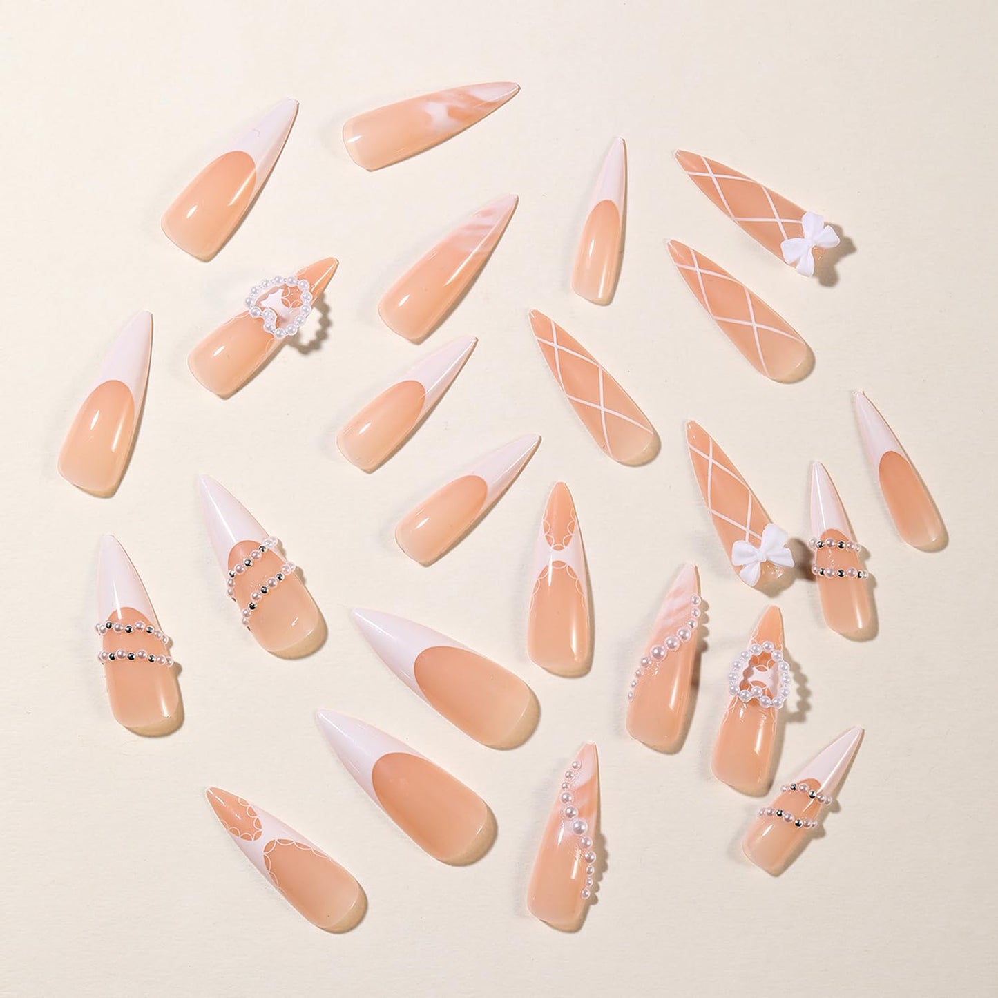 French Tip Press on Nails Long Almond Fake Nails with Heart-Shaped Pearl Bow Charms Acrylic Nails Press ons Cute Design French Nails Press ons Cute Bow Stick on Nails Rhinestones Nails for Women