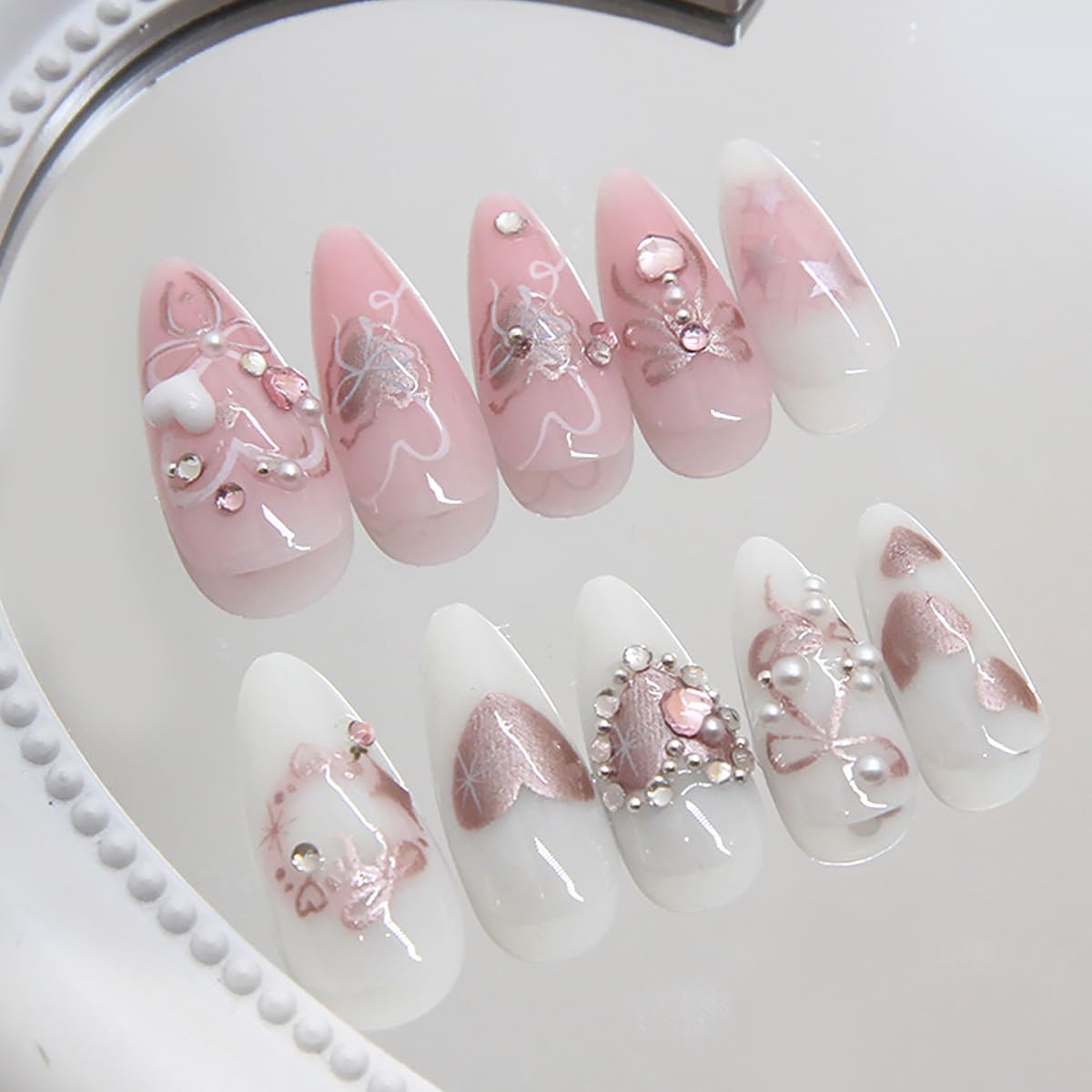 WBRRFJJ 24Pcs Pink Bow Press on Nails Medium Almond Acrylic False Nails with Silver Heart Rhinestones Design Glitter Full Cover Artificial Glue on Nails Handmade Stick on Nails for Women