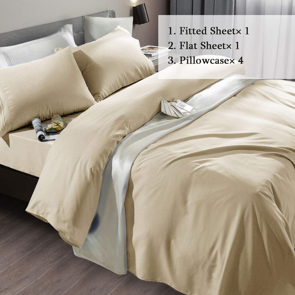SONORO KATE Bed Sheet Set Super Soft Microfiber 1800 Series Luxury Egyptian Sheets Fit 18-24 Inch Deep Pocket Mattress Wrinkle-6 Piece (Beige, Queen)