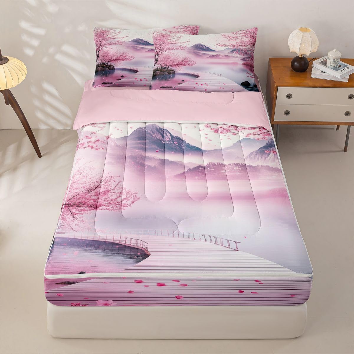 Erosebridal Pink Japanese Kids Comforter Set with Zipper, Japanese Cherry Blossom Twin Size Zipper Bedding Set, Watercolor Ink Painting Bed-in-A-Bag