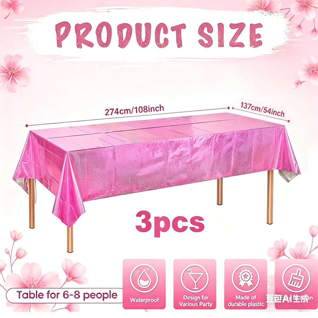 Lesgln 3 Pack Iridescent Pink Tablecloth 54'' x 108'' Disposable Holographic Plastic Rectangle Party Table Cloth Waterproof Oil-Proof for Kpop Birthday Wedding Christmas Theme Party Decorations