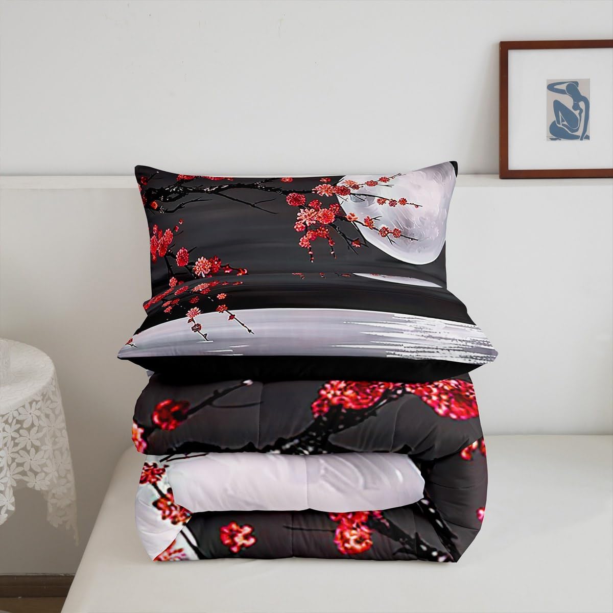 Manfei Dreamy Moon Night Twin Size Comforter Set for All Seasons,Red Flower Lake Bedding Set Teens Bedroom Decor,Romantic Japanese Style Comforter Inner Fill with 1 Pillowcase