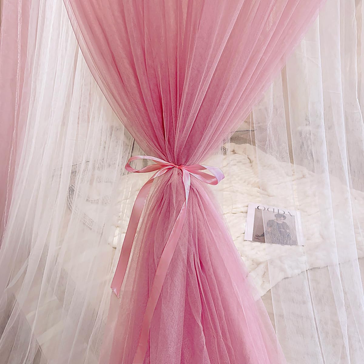 Kertnic Dreamy Bed Canopy for Girls, Princess Canopy Curtains Double Layer Sheer Mesh, Adults Canopies Netting Room Decor Tent Mosquito Net for Queen King Bed (Double Layer-Peach Pink)