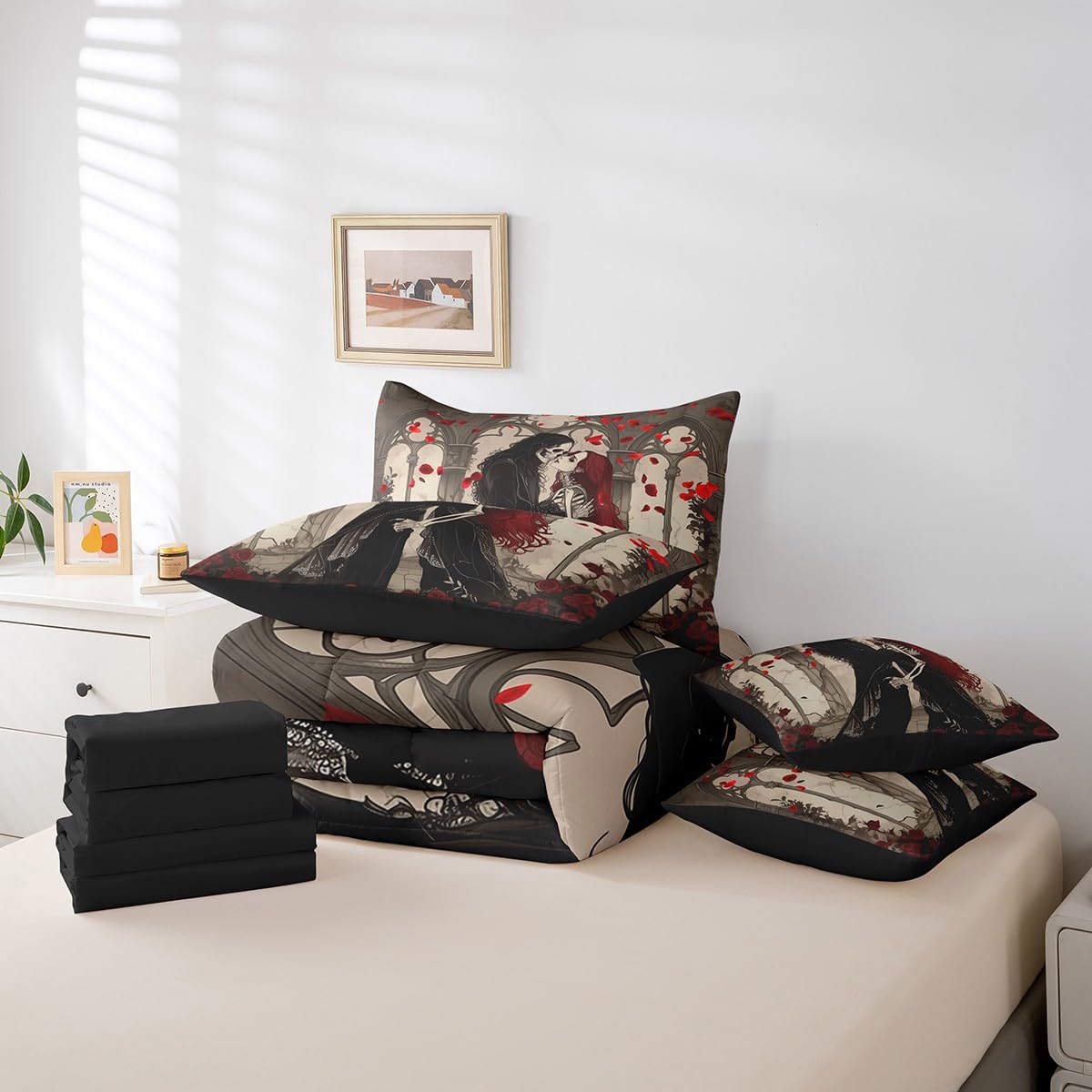 Erosebridal Couple Skull Comforter Set Romantic Valentine's Day 7 Piece Bedding Set Full Size for Adults Men Women,Gothic Skull Skeleton Bed in A Bag Skeleton Lovers Sheet Set with Comforter