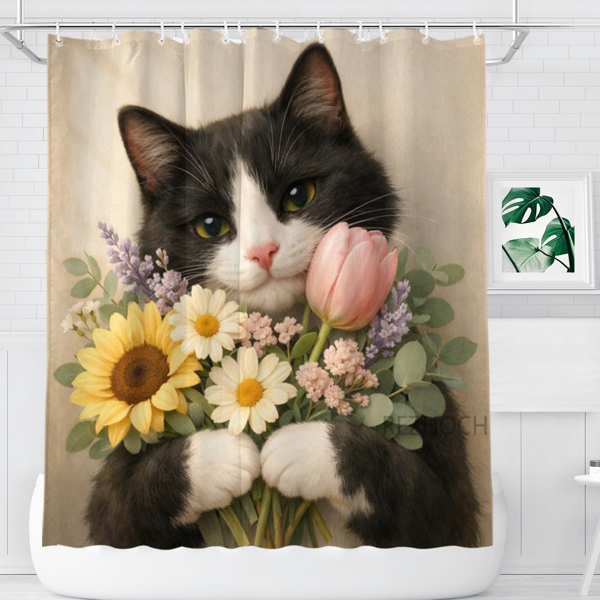 REZHOCH Funny Tuxedo Cat Shower Curtain 72x72 Inch Cute Animal Holding Flowers Home Bathroom Decor Floral Modern Art Minimalist Style Kids Waterproof Fabric Bath Set with Hooks