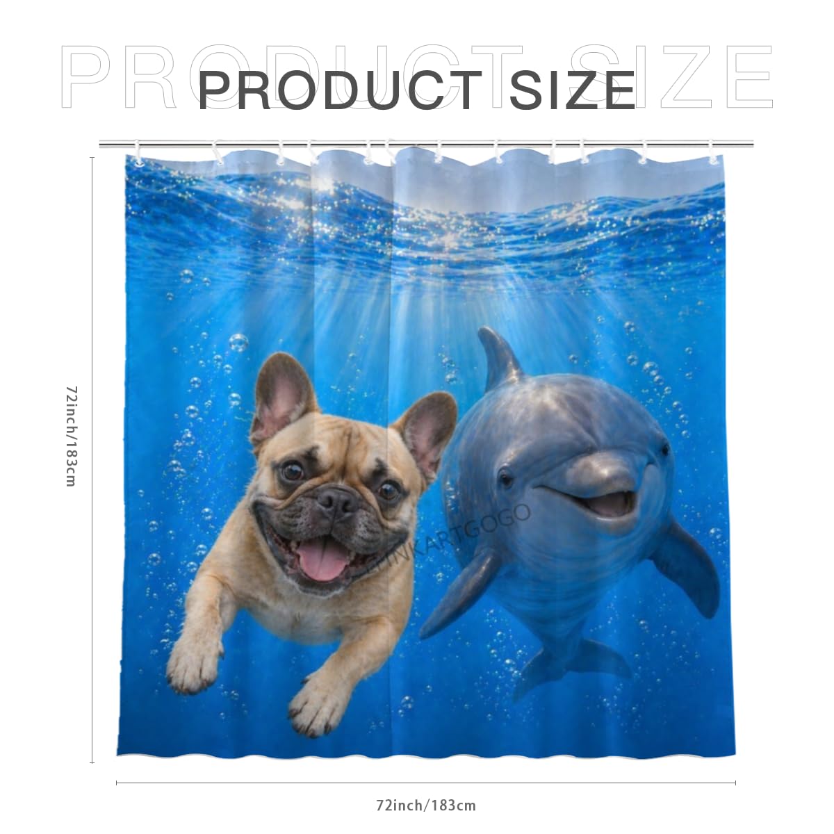 LFINKARTGOGO Ocean French Bulldog Shower Curtain 72x72 with 12 Hooks Underwater Animal Dolphin Waterproof Washable Polyester Bath Curtain for Home Hotel Decor