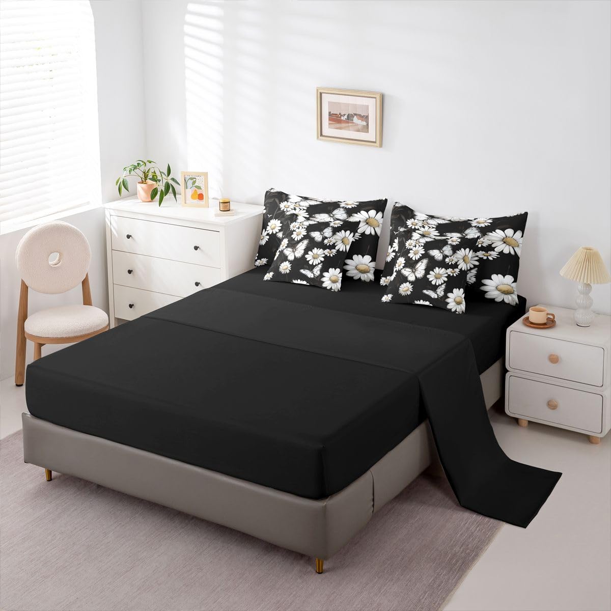 Erosebridal Daisy 7 Piece Bedding Set Twin Butterfly Comforter Set with Sheets Princes White Flowers Petal Plants for Kids Boys Girls Cute Oil Painting Modern Art Bed in a Bag