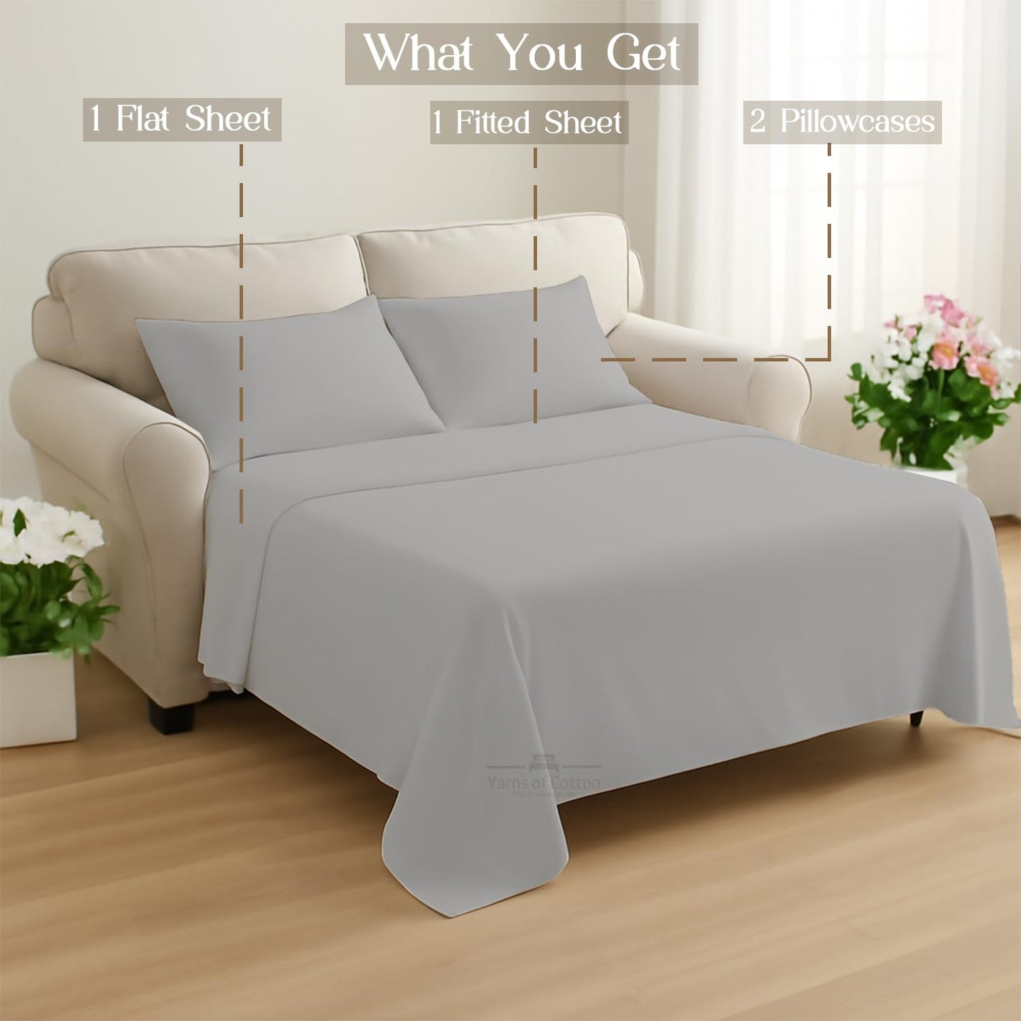 Sleeper Sofa Bed Sheet, 100% Cotton 400 Thread Count, 4 Piece Set, Deep Pocket Fitted Sheet, Soft Wrinkle Free & Breathable, Luxury Hotel Quality, Fits Up to 6 Inch Mattress (Full, Silver Grey)
