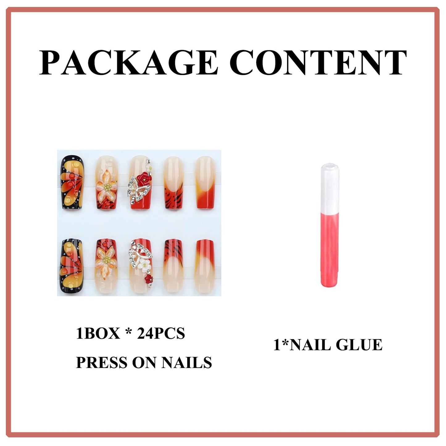 MERVF Press on Nails Long Square, Orange Black French Tip Fake Nails, 3D Flower Butterfly Glue ons Charms Acrylic Nail Ombre Design Glossy 24pcs