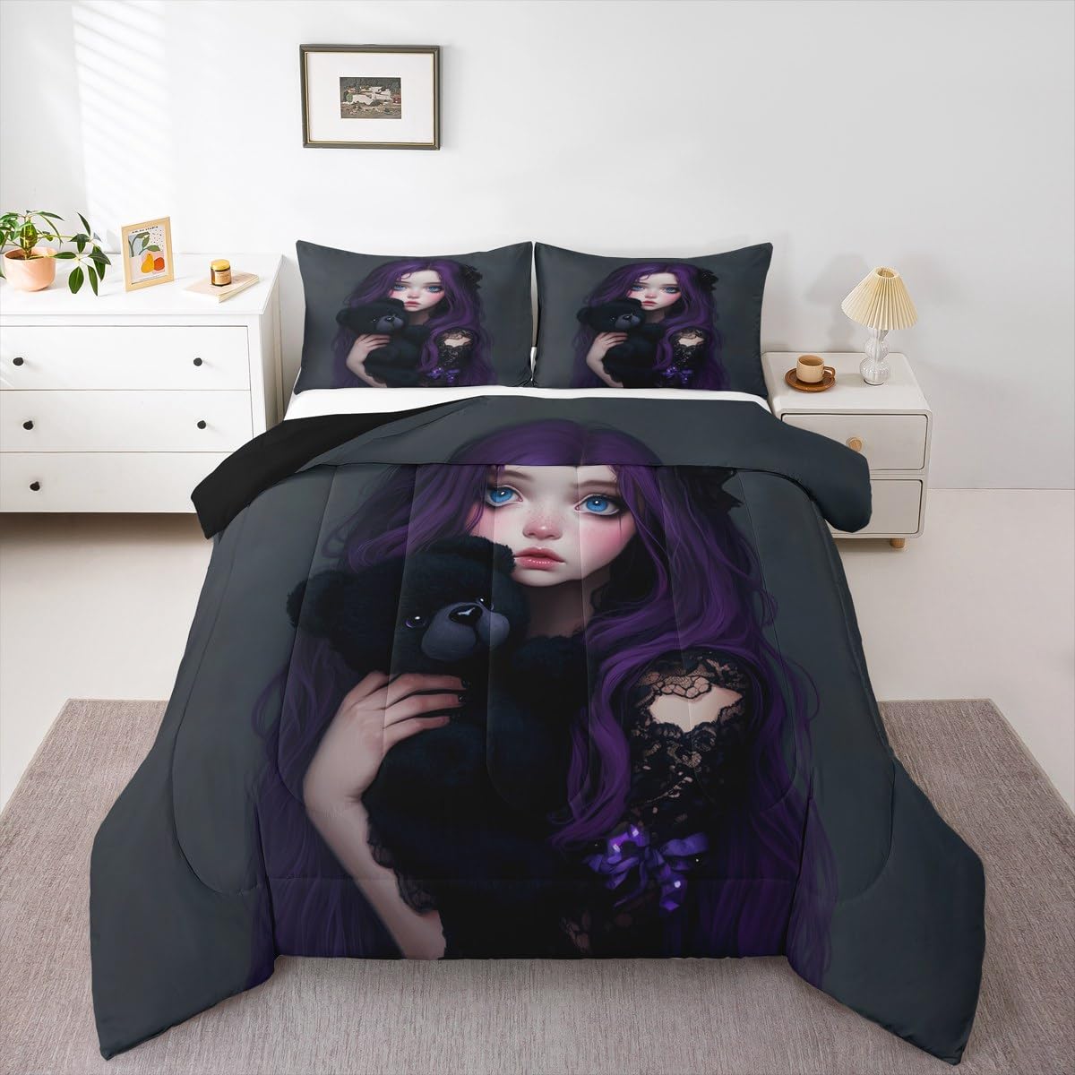 Erosebridal Anime Girl Comforter Set Twin for Kids, Kawaii Girl Duvet Insert Japanese Style Down Comforter for Girls Adult Japanese Animation Bedding Set for Bedroom Decor 1 Pillow Cases