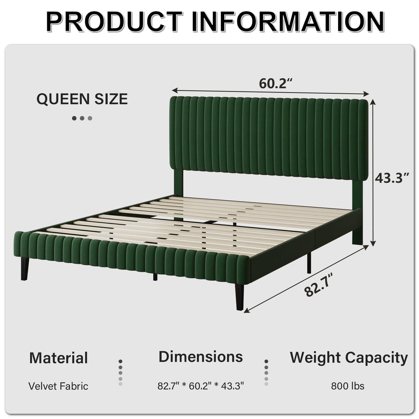 BarnFurin Queen Size Bed Frame, Velvet Upholstered Platform Bed with Vertical Channel Tufted Headboard and Footboard, No Box Spring Required, Easy Assembly, Green