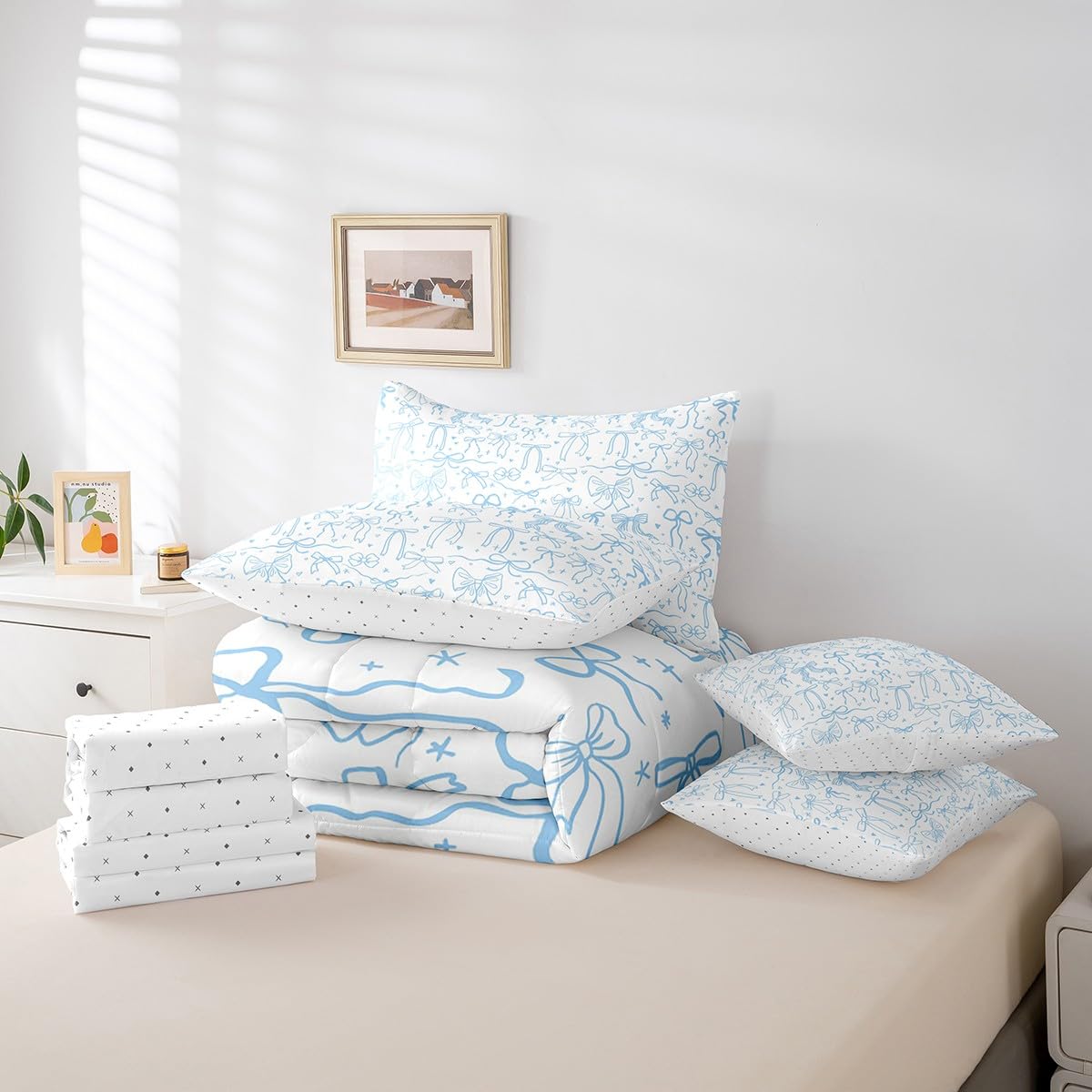 Cute Blue Bowknot 7Pcs Comforter Set Full Size,Cartoon Hand Drawn Stars Love Bow Bedding Set,Kids Girls Sweet Princess Style Fitted Flat Sheet Teens Woman Room Decor,Modern Romantic 4 Pillow Cover